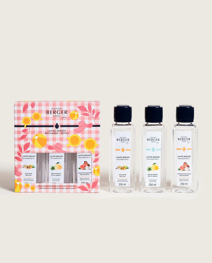 Triopack Estival - Sonnige Früchte &amp; Strahlende Pampelmuse &amp; Zitronen-Verbene - Lampe Berger Refill (3 x 250 ml)